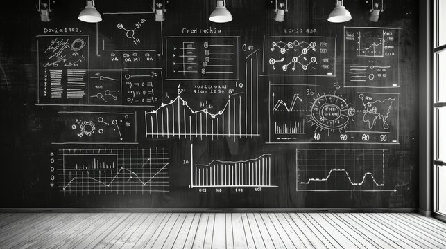 A detailed chalkboard filled with graphs, scientific concepts, and mathematical equations, illustrating data analysis and scientific exploration in a classroom or lab. - Powered by Adobe