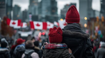 A heartwarming image of a parent and child bundled in red toques, witnessing a vibrant display of Canadian flags against a backdrop of a bustling city.
