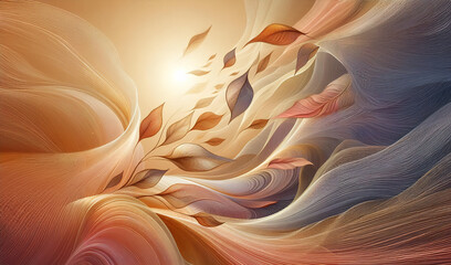 A digital artwork featuring multiple colorful leaves their colors include green, blue, orange, and yellow