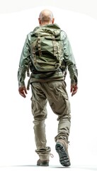 Bald Man Walking Away From Camera With Backpack in White Studio