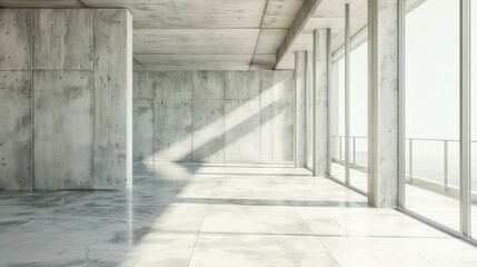 An empty, open space featuring concrete walls and large glass windows, allowing ample natural light to fill the room and providing a view of the outdoor environment.