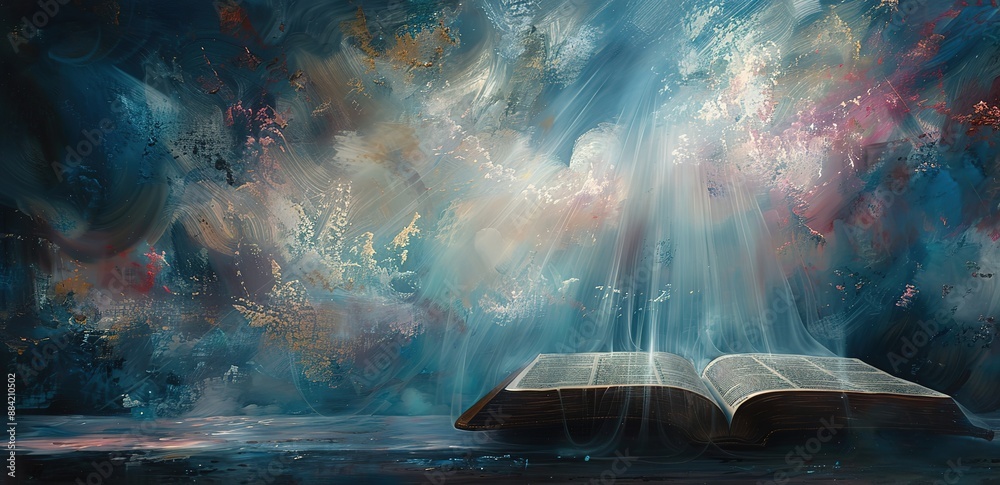 Wall mural illustration of an open book on a table with an abstract cloud background