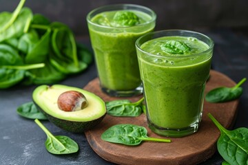 Vibrant green spinach avocado smoothie in clear glasses, with fresh ingredients on a wooden board