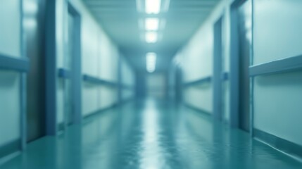 Obraz premium A distant and blurry view of a hospital corridor featuring teal flooring and bright overhead lights, conveying a modern medical atmosphere and professional care.