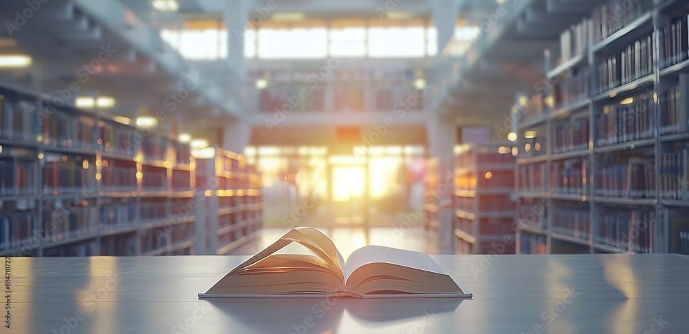 Poster an open book on a table in a room with light shining from behind