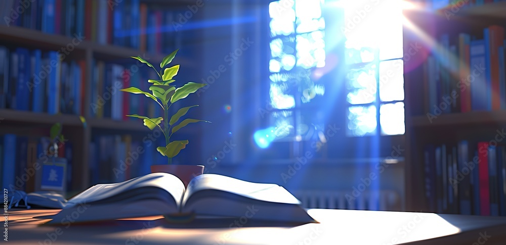 Wall mural an open book on a table in a room with light from a glass window