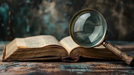 A vintage-looking open book with a magnifying glass resting on its pages, emphasizing detailed examination and study. The dark background enhances its scholarly atmosphere.