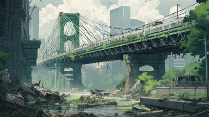 Fototapeta premium Overgrown Bridge in a Post-Apocalyptic City