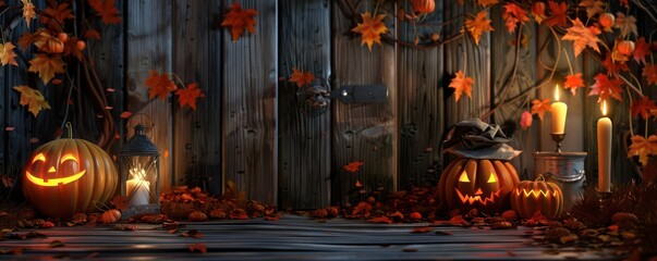 Naklejka premium A spooky forest sunset with glowing jack-o'-lanterns and an eerie, enchanted atmosphere. Free copy space for text.
