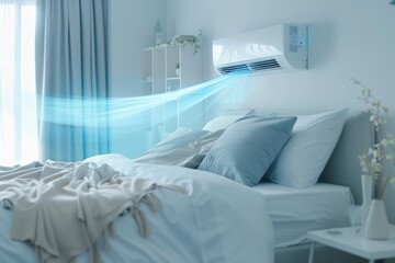 Air Conditioner Blowing Cool Air Onto a Made Bed in a Bedroom