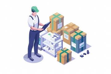 Goods inspection checklist employee inspecting the products and raw materials, isometric