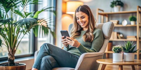 Relaxed Woman Resting in Armchair After Work, Smiling and Communicating at Home or Office
