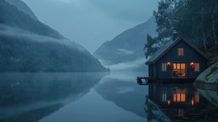 Fototapeta premium A Remote Cabin on a Misty Lake Surrounded by Mountains at Dusk