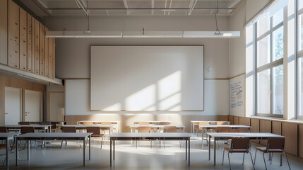 A classroom with a large white board and many desks