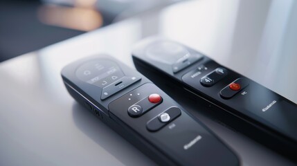 Obraz premium Two modern tv remotes on a reflective table, sleek and black with glossy finish. Essential for controlling channels and volume, they enhance the home theater experience
