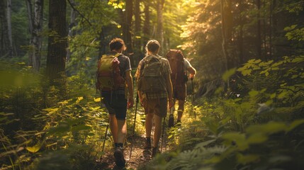 Three Hikers Walk Through a Lush Forest Trail at Sunset