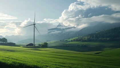 Single Wind Turbine in Front of Green Hills and a Mountain Peak