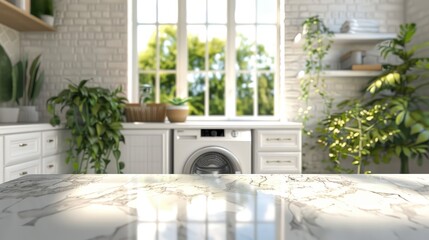 Modern Laundry Room with Marble Countertop and Green Plants in Bright Sunlight
