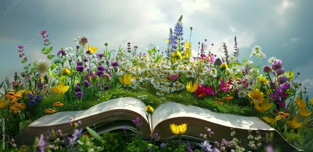 Sticker illustration of an open book in a park with a cloudy sky in the background
