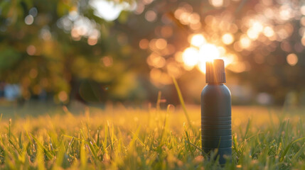 A simple inhaler against a soft focus background of a park, symbolizing asthma care