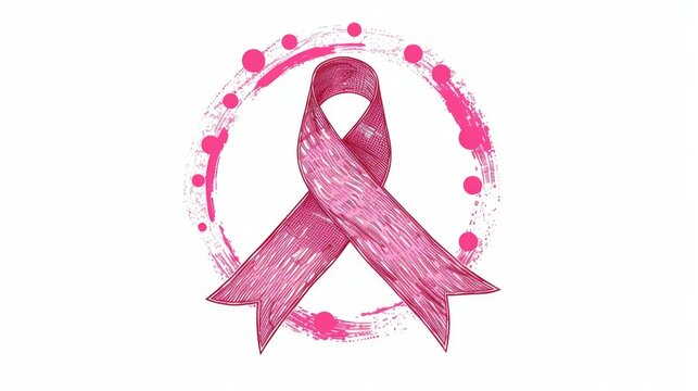 recommend clip art: A minimalist pink breast cancer awareness ribbon is set against a grunge-style circular background, evoking a sense of strength, support, and solidarity for those affected by cancer.