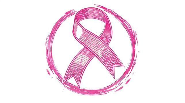 recommend clip art: A hand-drawn pink ribbon encircled by a pink brush stroke, symbolizing breast cancer awareness, support, hope, and unity in the fight against cancer.
