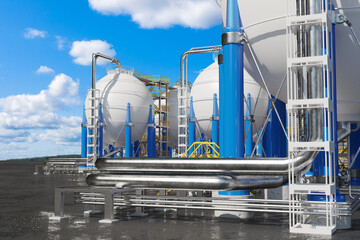 Chemical factory. Manufactory producing creogenic liquids. Exterior of chemical factory. Spherical...