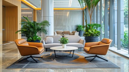 Obraz premium Modern Lobby Interior Design with Leather Armchairs and Grey Sofa.