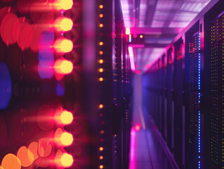 Minimalistic view inside a server room, focusing on a single server rack with glowing LED lights