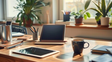 Laptop, coffee and notepad on desk in home office.