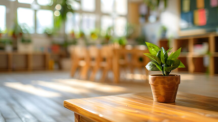 A potted plant sits on a wooden table in a classroom