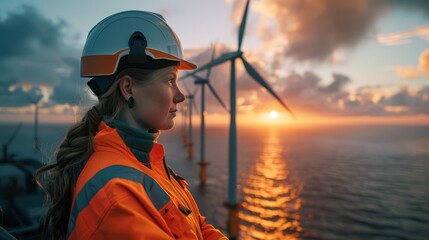 Obraz premium Woman in Safety Gear Looks Out at Wind Farm at Sunset