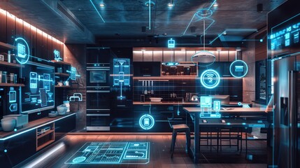 Futuristic Smart Home Kitchen Interior Design With Blue Interfaces