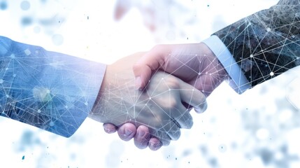 Two Businesspeople Shaking Hands With a Digital Network Overlay