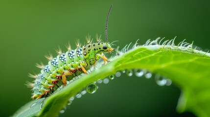 Fototapeta premium Focus Photo of a Catterpilar on a Leaf with Copy Space