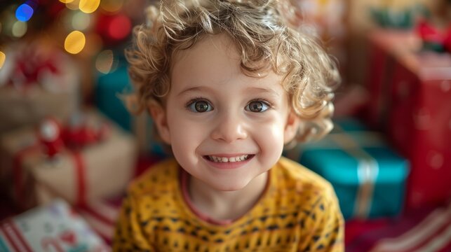 Closeup of a childs smile with safe holiday gifts, Safe Toys and Gifts Month, happiness and safety