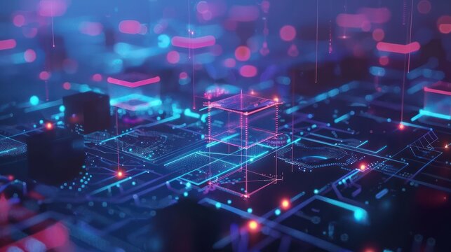 Abstract Digital Circuitry Illuminated With Pink and Blue Lights