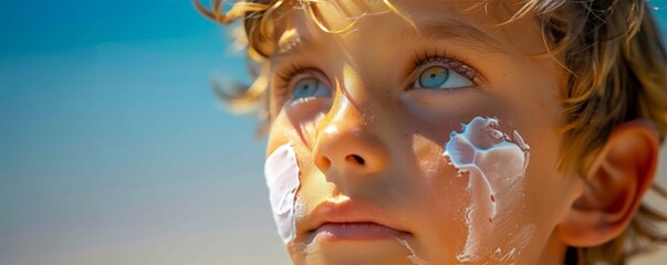 UV Safety Awareness Month, care and safety, close-up of a child's face after applying sunscreen