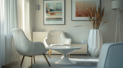 Fototapeta premium A living room with a white couch, two chairs, and a coffee table