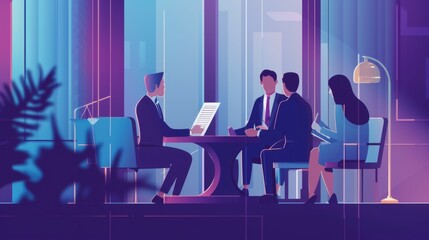 An animated illustration depicting a formal business meeting in a contemporary office environment, showcasing the professionalism and collaborative dynamics among team members.