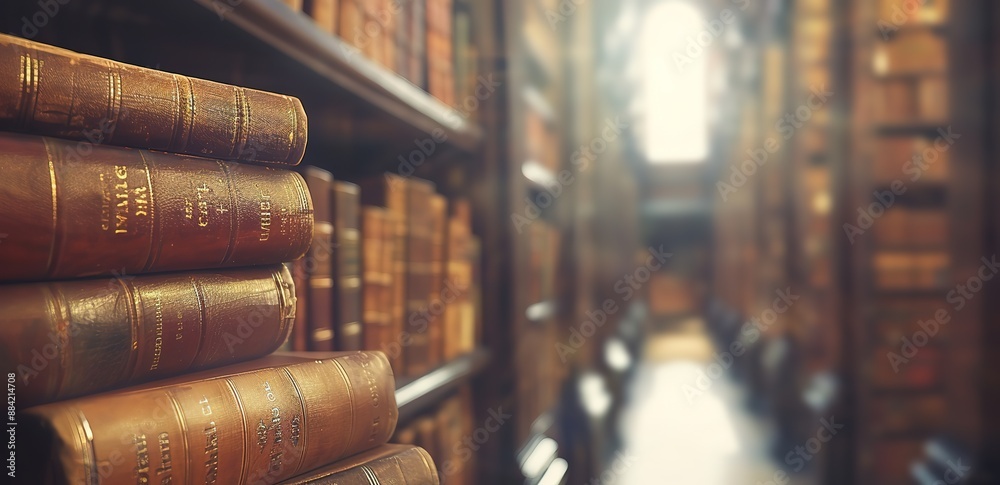 Wall mural stacks of books in the library with light shining from behind