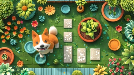 Fototapeta premium Cute dog playing in a vibrant garden flat design top view summer theme cartoon drawing vivid