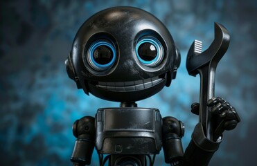 A 3D image depicts a smiling robot clutching a blue wrench with plier-like hands, symbolizing the concept of fixing and maintenance.