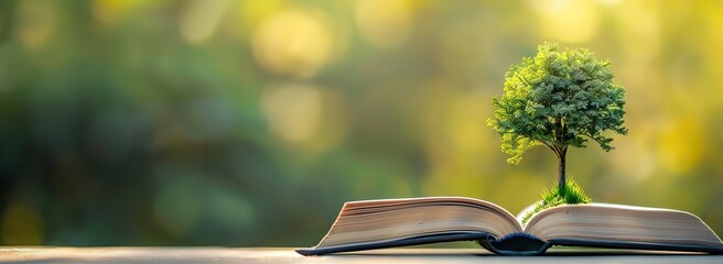  Illustration of a tree growing abundantly on an open book with a blur effect in the background