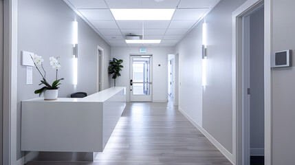 A white office with a chair and a desk