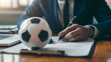 A businessman in a suit signing papers with a soccer ball nearby, representing the intersection of sports and business in a modern office setting during daylight hours.