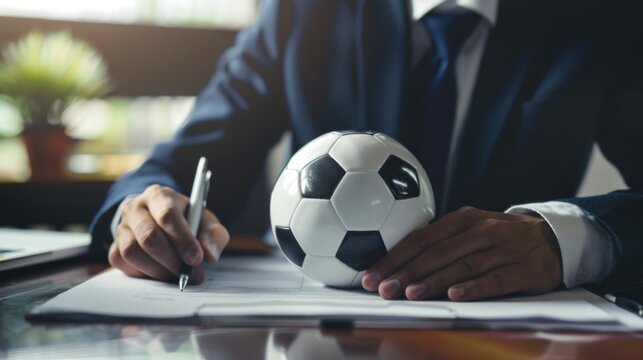 A person in a suit signs documents on a desk with a soccer ball as the centerpiece suggesting the convergence of sports and corporate business, highlighting contractual agreements.