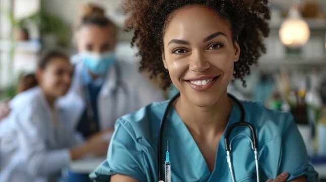 Healthcare worker holding a vial and syringe with a friendly demeanor, National Immunization Awareness Month, trust and care - Powered by Adobe
