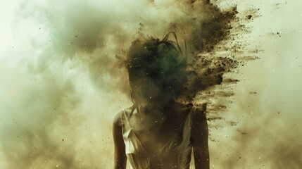 A haunting artistic image of a female figure dissolving into a smoky and ephemeral background, symbolizing themes of loss, transformation, and the passage of time.