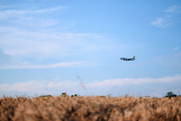 Poland, Europe - 10 07 2024: Buzz Low Cost Fares Airlines Aircraft Flying Before Landing Over Field with Hay Bales